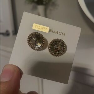 Tory Burch Gold Rope-Edge Logo Button Earrings